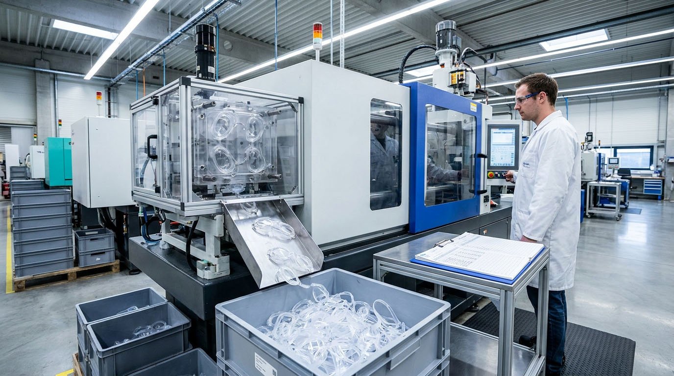 Swimming goggle injection molding machine and mold verification Injection molding machine and mold identification check for swimming goggles