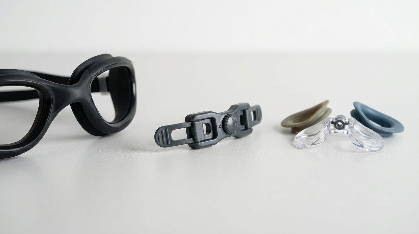 Fixed integrated adjustable and interchangeable swimming goggle nose bridge structures
