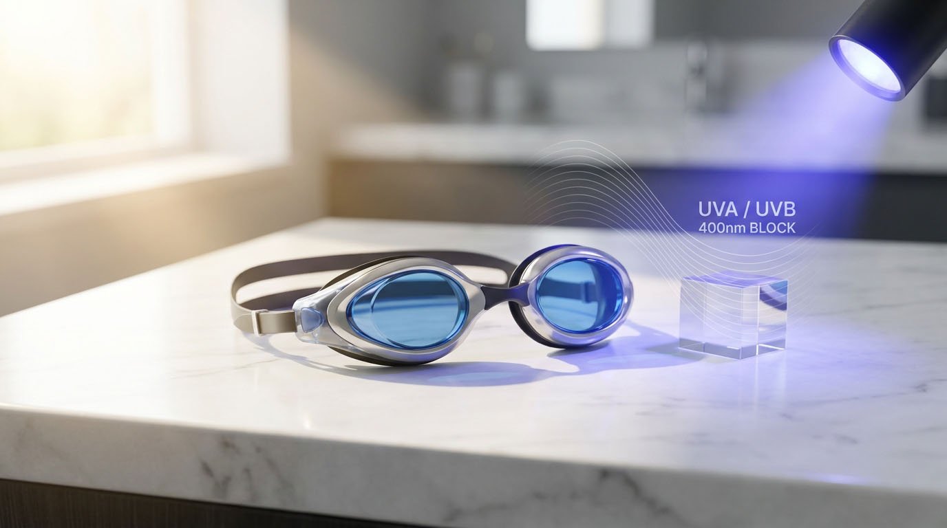 UVA UVB and UV400 wavelength protection diagram for swimming goggles