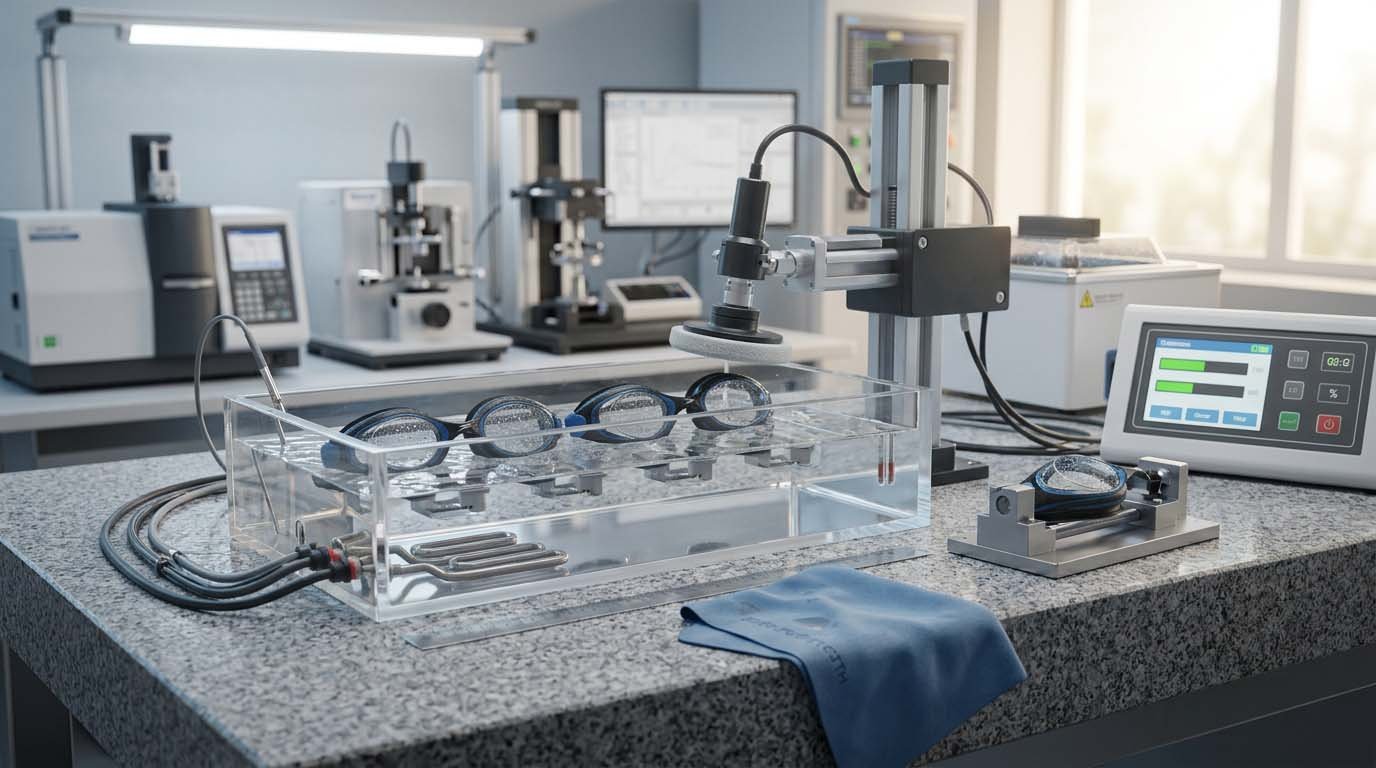 controlled durability stress testing for anti-fog swimming goggles anti-fog coating water humidity cleaning and abrasion testing
