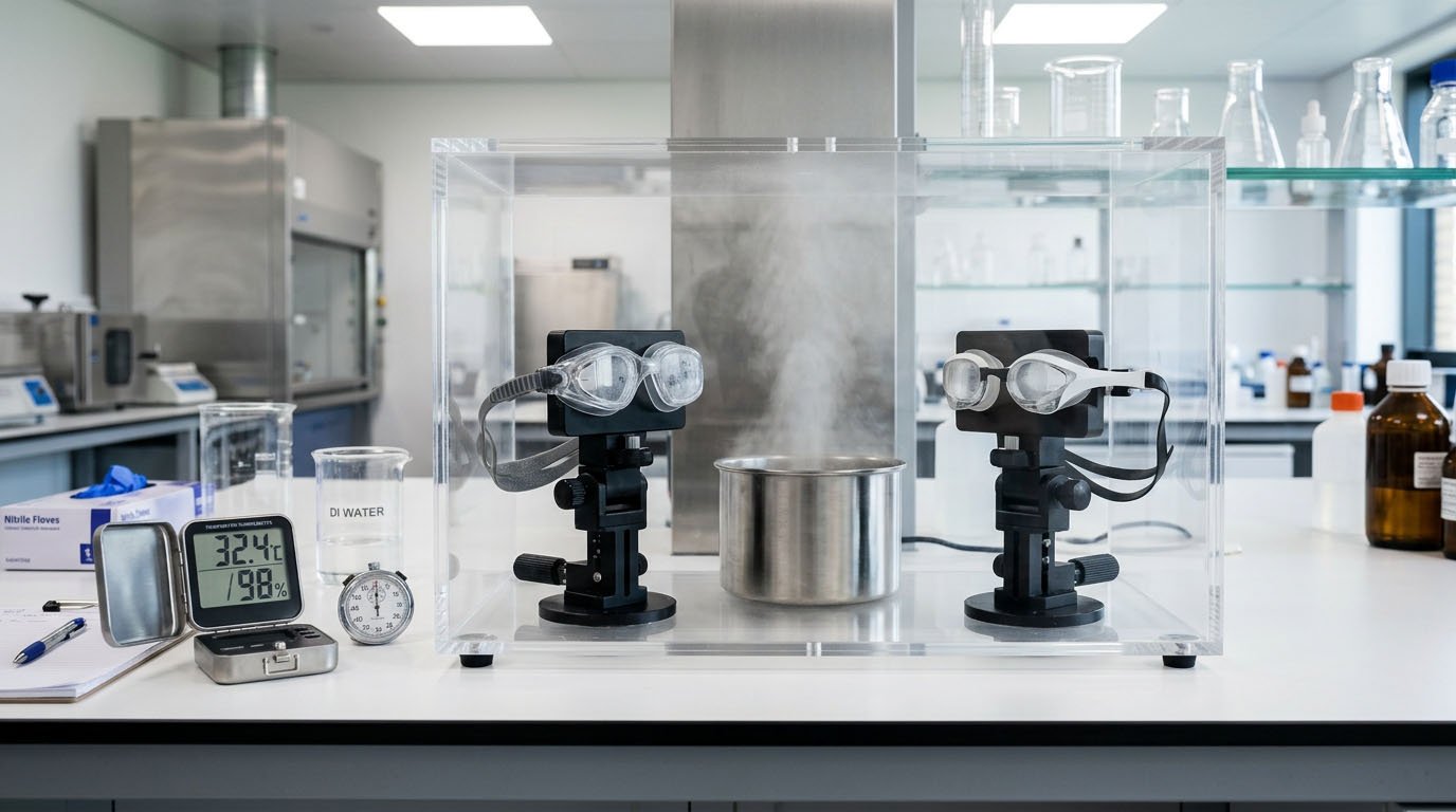 controlled vapor anti-fog test for swimming goggle lenses