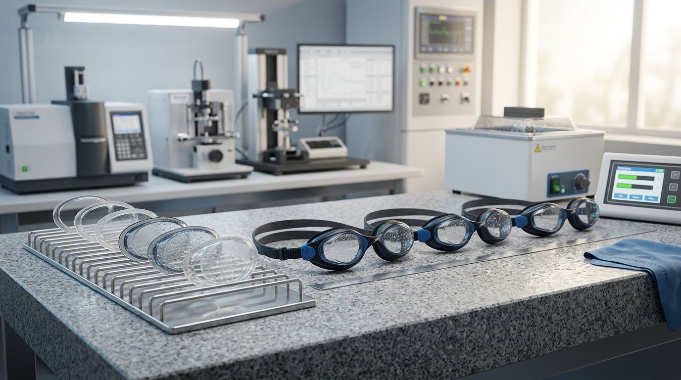 multiple sample anti-fog durability validation multiple swimming goggle samples undergoing anti-fog durability testing